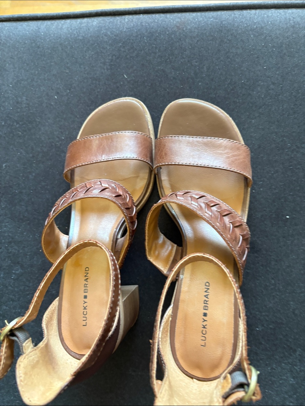 Lucky Brand Cognac Braided Leather Block Heel Sandals - Picture 9 of 9